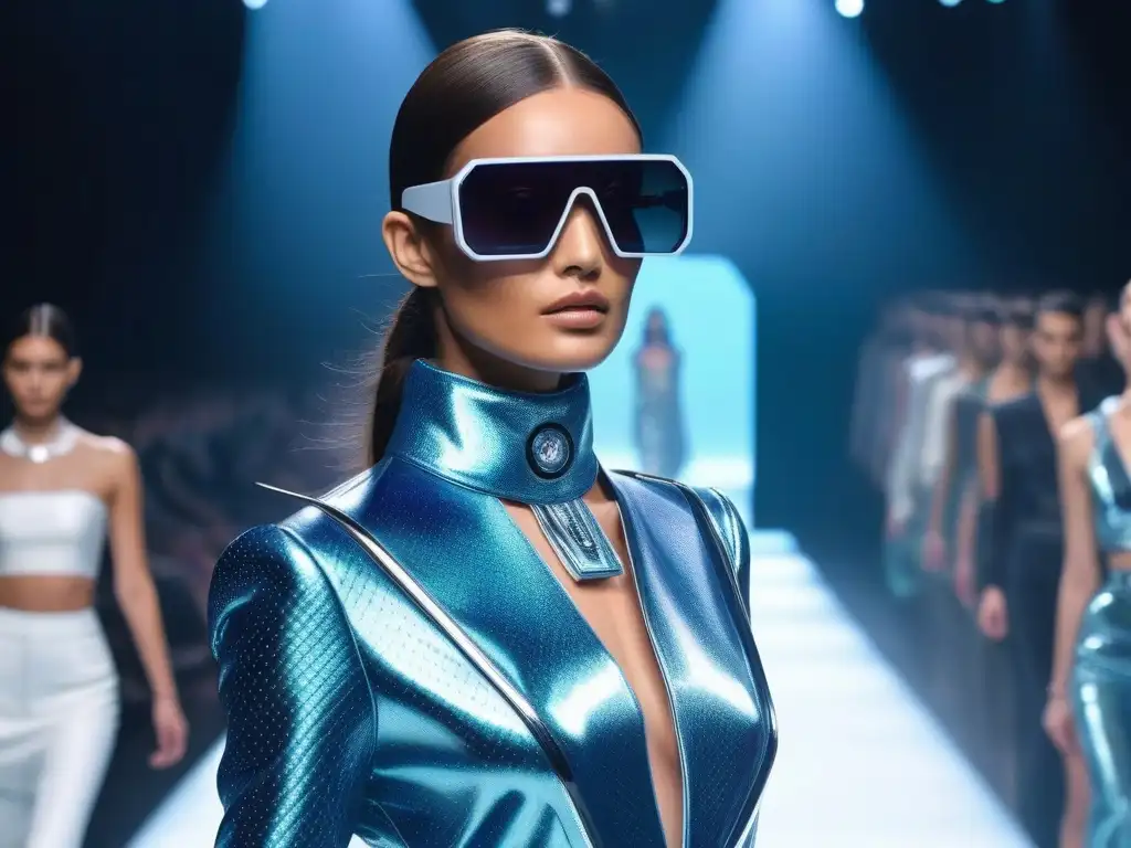 Desfile futurista: moda Y2K y tecnología de vanguardia Un desfile futurista con accesorios retro moda siglo XX: holográficos, LED y pantallas digitales en modelos con atuendos Y2K