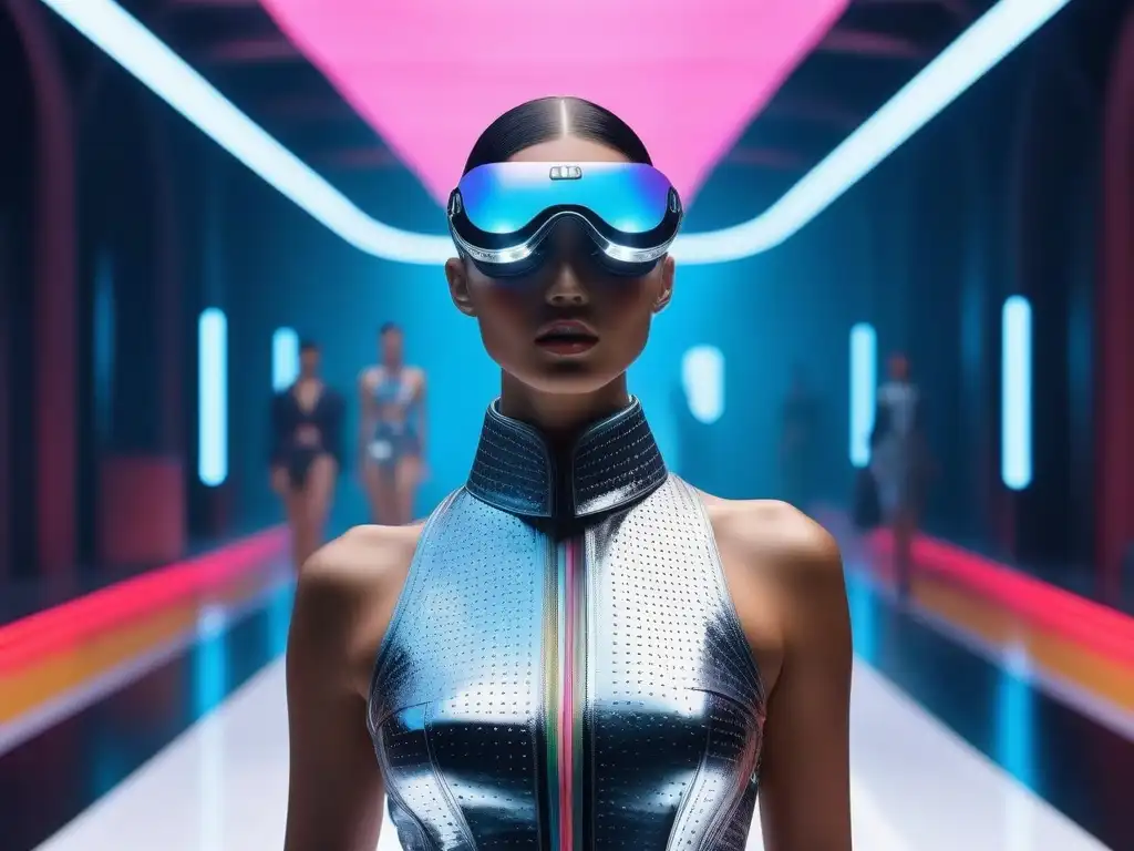 Desfile futurista: moda y tecnología en armonía Desfile futurista con modelos llevando accesorios retro moda siglo XX en pasarela brillante