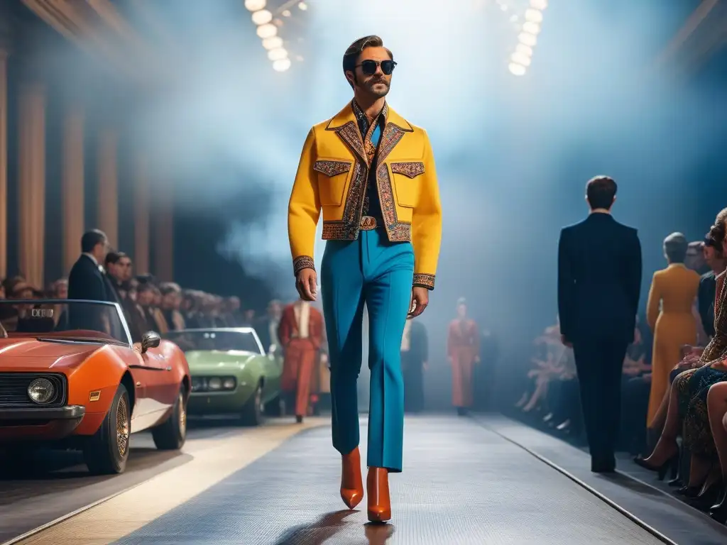 Desfile de moda de los 70: Estilo retro y confianza enérgica Desfile de moda retro años 70 crisis con modelos luciendo atuendos vintage y actitud segura
