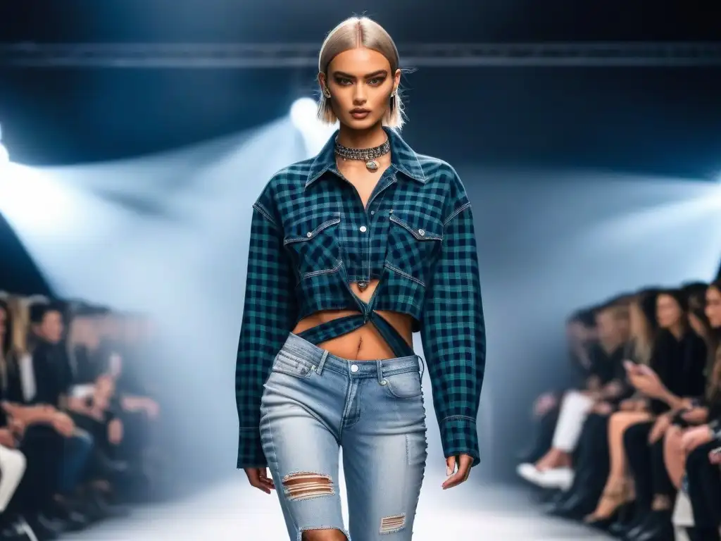 Desfile grunge: moda noventera en alta definición Un desfile de moda retro años 90 con influencia grunge, destacando el estilo edgy y nostálgico de la época