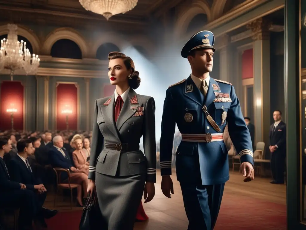 Desfile de moda de los años 40: Elegancia en tiempos de guerra Desfile de moda de los años 40 con influencia de la guerra, en un elegante salón con modelos y audiencia bien vestidos