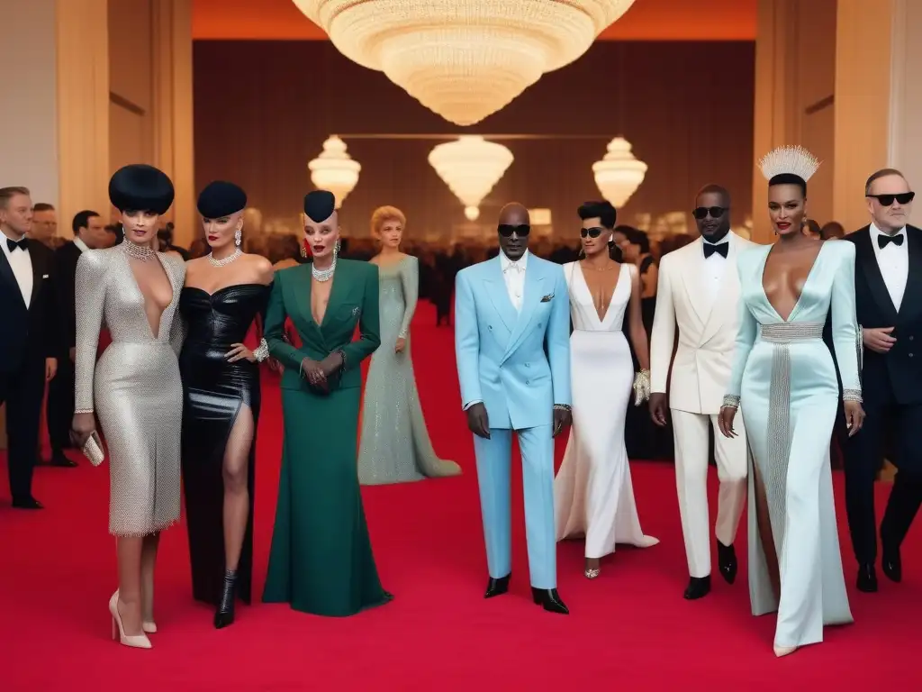 Íconos de moda de los 80 en el Met Gala moderno Un desfile de moda retro años 80 en el Met Gala con Grace Jones, Madonna y Lady Di, capturando la esencia de la época