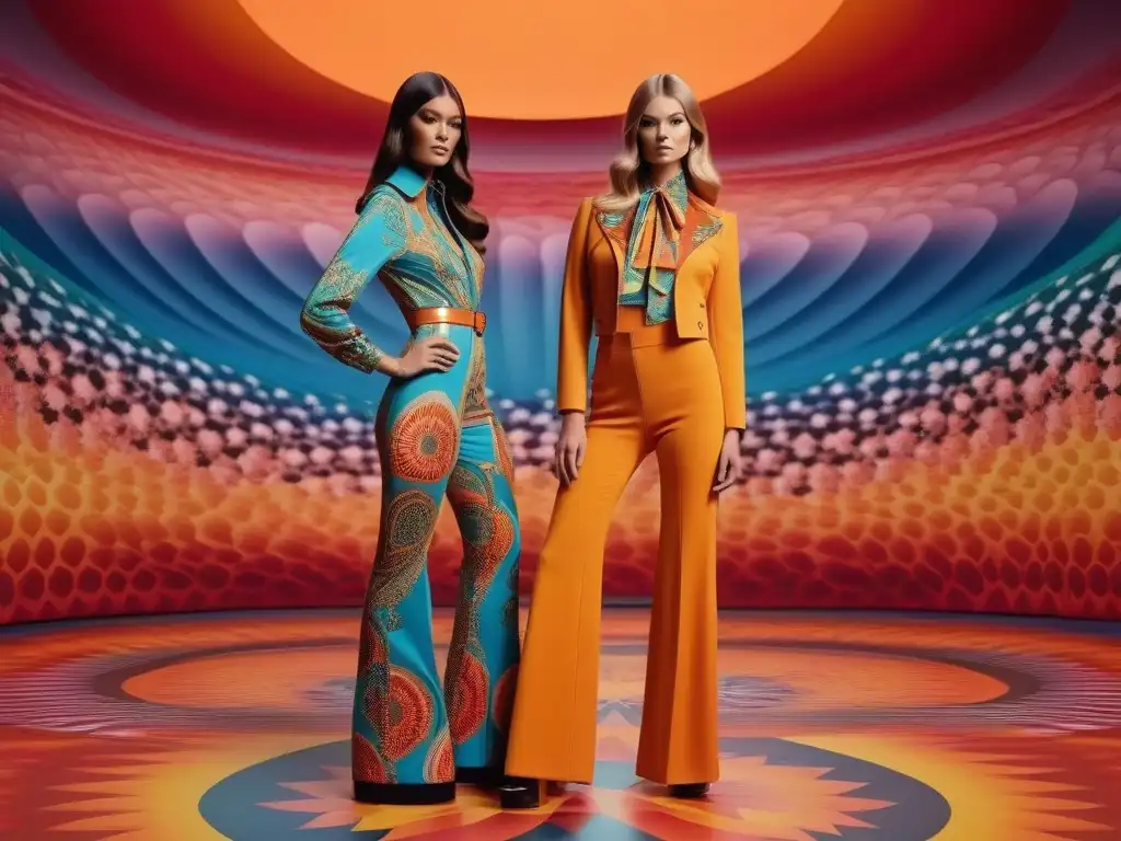 Moda psicodélica de los 70: Desfile vibrante y audaz Desfile de moda retro años 70 psicodélica con modelos en estampados y plataformas, en un escenario colorido y vibrante