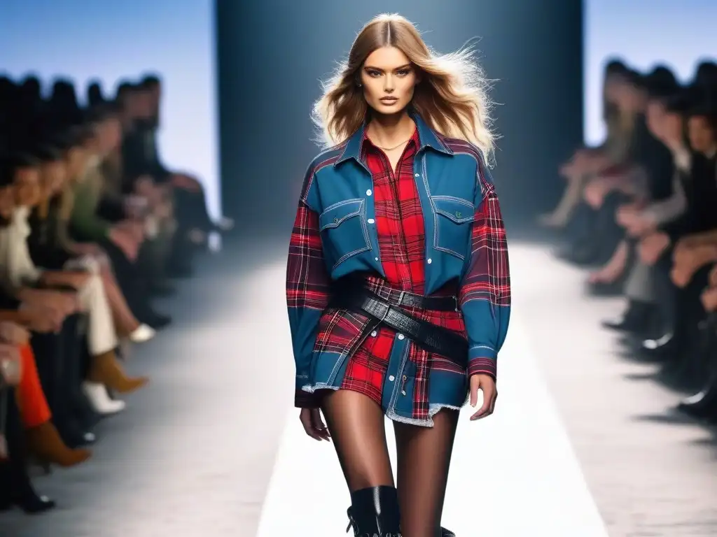 Desfile de moda: Reinterpretación grunge de los 90s en la pasarela Un desfile de moda retro años 90 tendencias con un modelo llevando un look grunge moderno