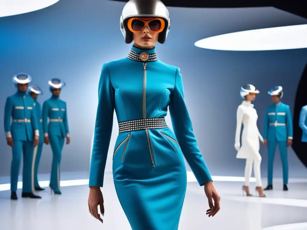 Desfile de moda retro Pierre Cardin 60s con diseño futurista y vanguardista en un ambiente inspirado en la era espacial