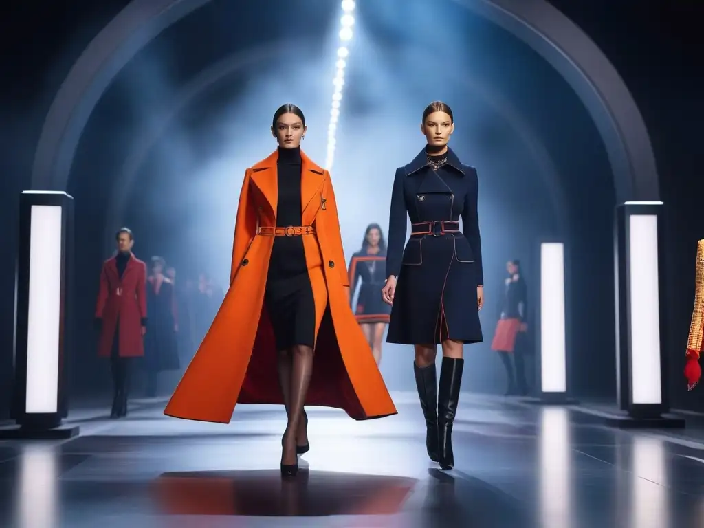 Desfile de moda retro Pierre Cardin 60s con modelos luciendo diseños futuristas y coloridos en una pasarela vanguardista