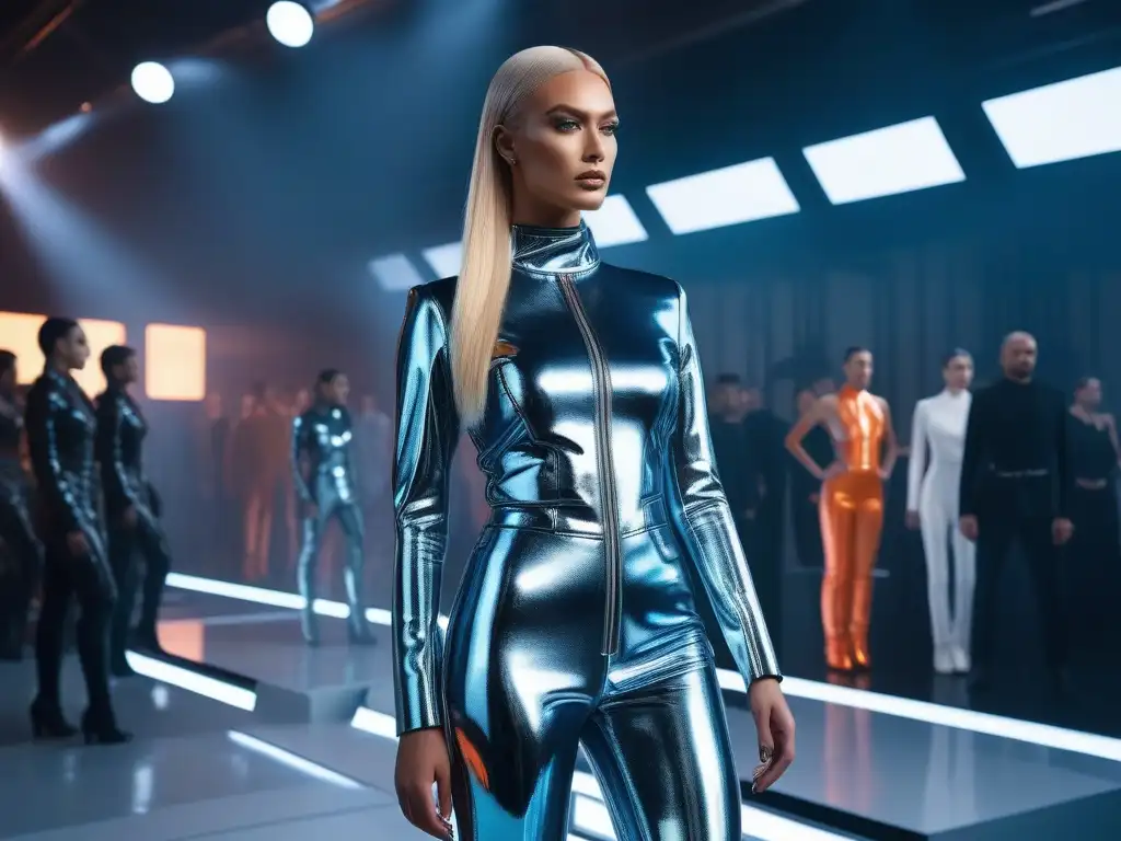Desfile futurista al estilo 'El Quinto Elemento' con moda vanguardista y neón Desfile de moda futurista años 90 inspirada con modelos en trajes metálicos y neón en pasarela futurista