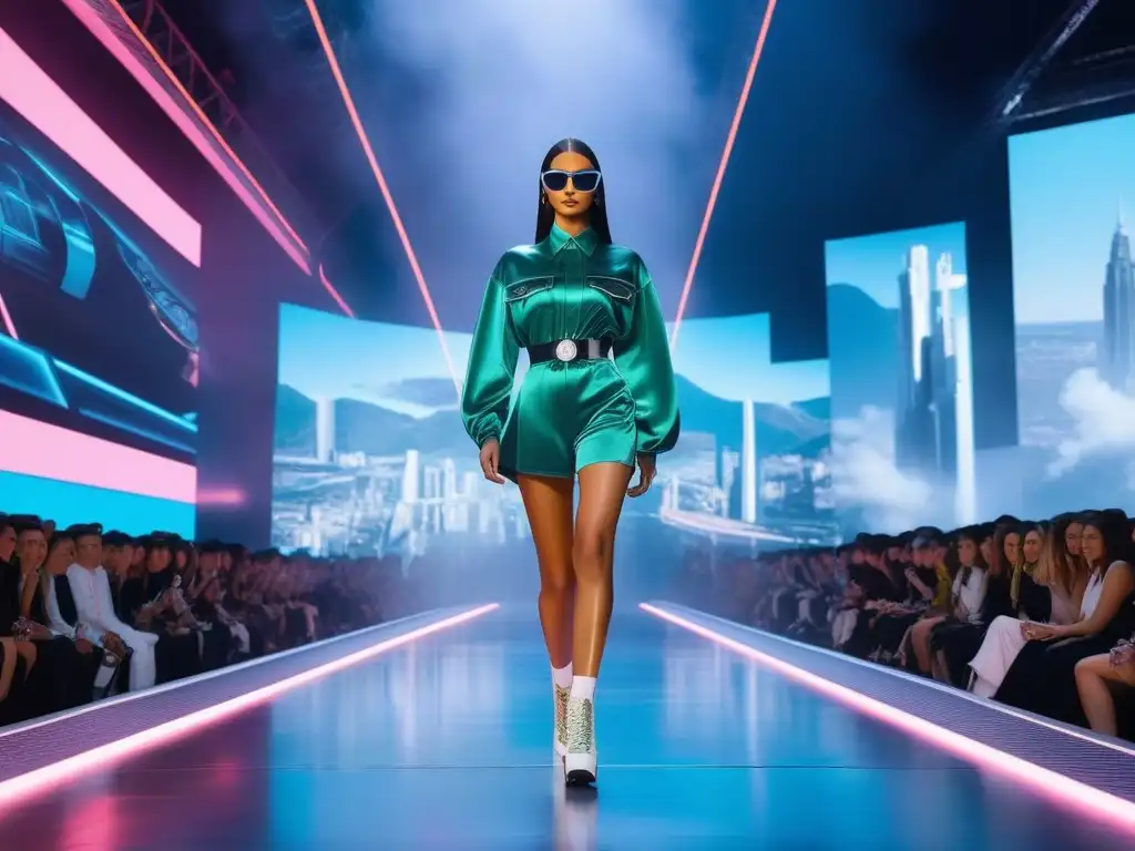 Fashion show futurista con tendencias Y2K Desfile de moda futurista inspirado en tendencias Y2K con accesorios retro moda siglo XX