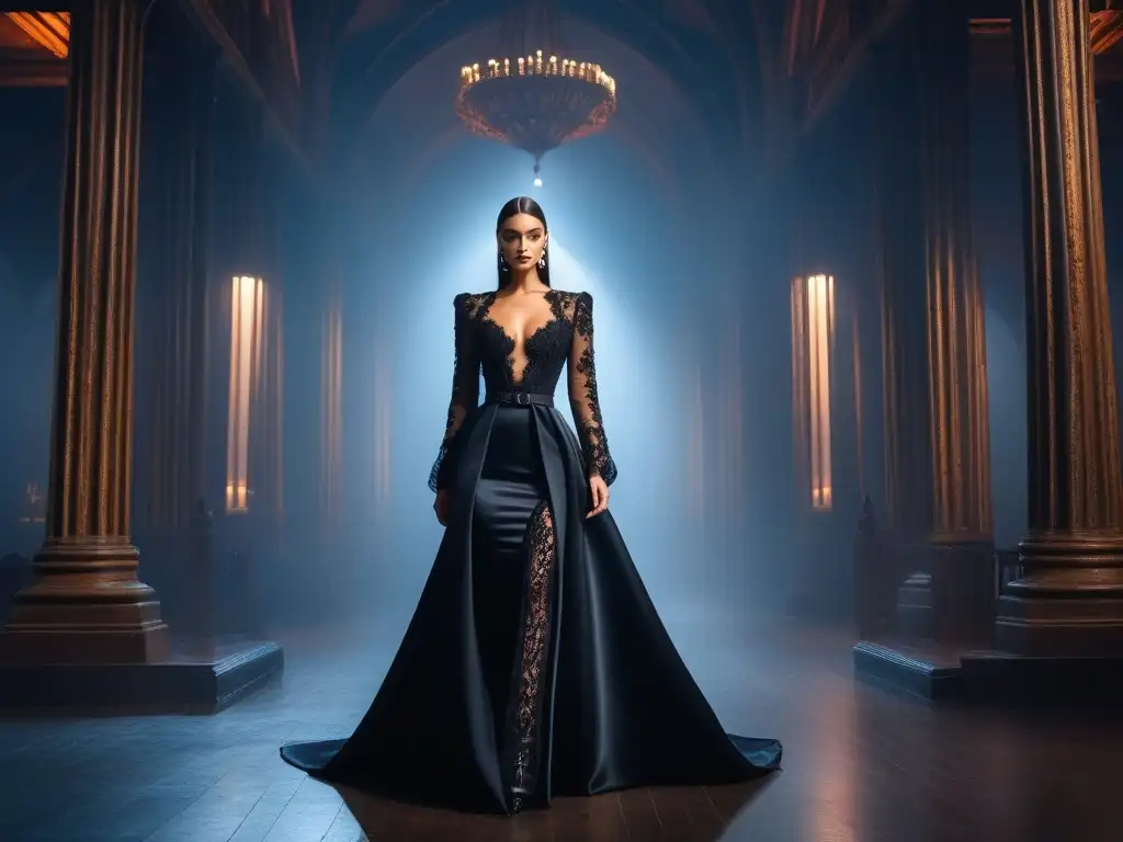 Desfile de moda gótica: elegancia tenebrosa y arquitectura dramática Desfile de moda gótica en pasarela con modelos y arquitectura gótica, iluminación tenue y elegante