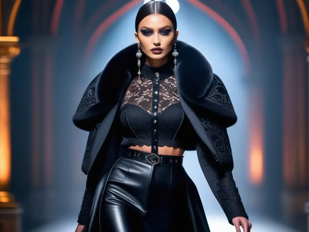 Pasarela gótica: moda contemporánea con toques históricos Un desfile de moda gótica del siglo XX con modelos en encaje negro y cuero, maquillaje dramático y peinados elaborados, bajo arcos de piedra iluminados por tenues candelabros