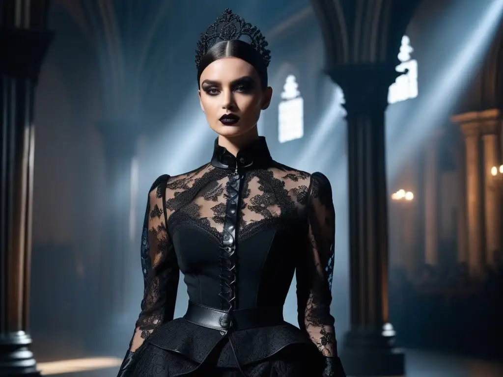 Desfile de moda gótica: Elegancia rebelde en pasarela Desfile de moda gótica del siglo XX: modelos con atuendos de encaje negro y cuero, maquillaje dramático, en un escenario gótico elegante y misterioso