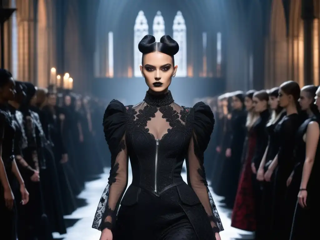 Desfile gótico: moda y misterio en la pasarela Desfile de moda gótica del siglo XX con modelos en atuendos detallados, maquillaje dramático y peinados elaborados, frente a una catedral gótica