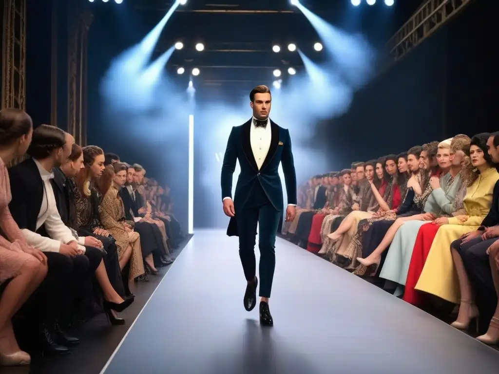 Dramático desfile de moda retro: historia y controversia Un desfile de moda histórico con tendencias polémicas y espectadores impactados y debatiendo