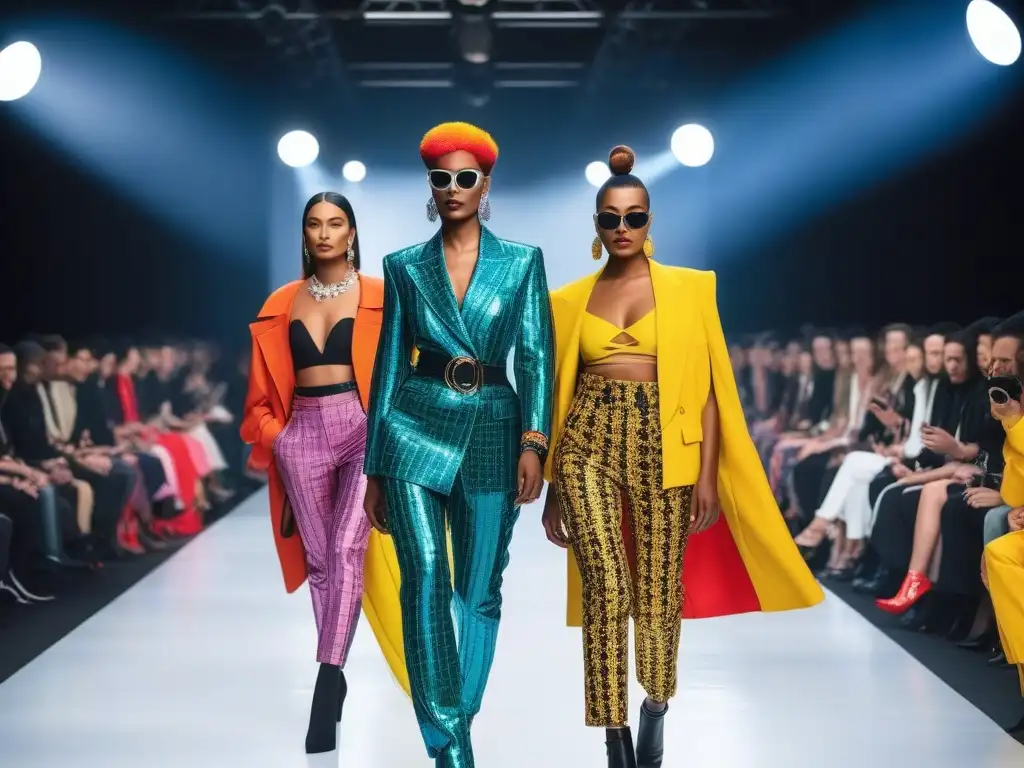 Moda queer de los 80: Desfile de modelos empoderados Desfile de moda queer años 80 con modelos empoderados y coloridos, mostrando diseños vanguardistas y audaces
