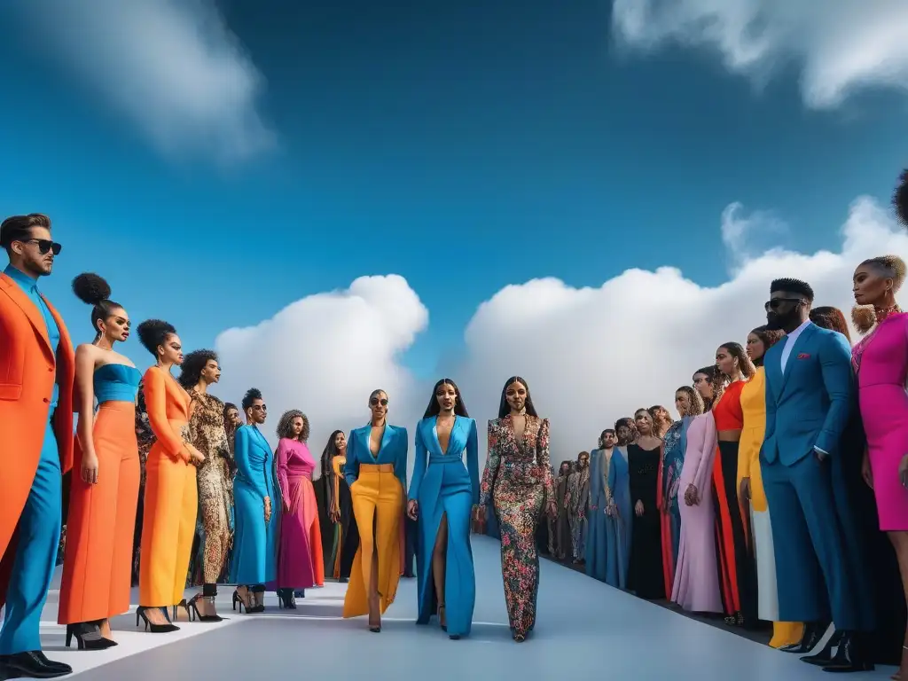 Desfile de moda con causa: diversidad y empoderamiento en la pasarela Un desfile de moda como plataforma de protesta y cambio social, con modelos representando diversas causas, en una pasarela vibrante y colorida