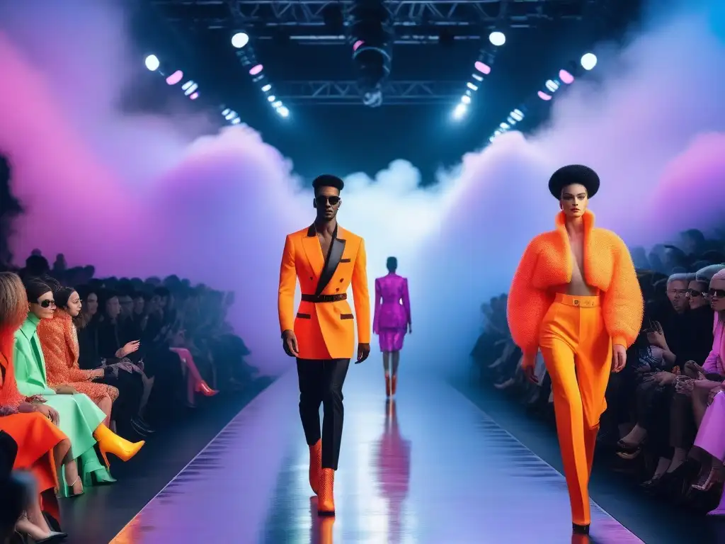Desfile de moda queer: evolución desde los 80 Desfile de moda queer de los años 80: modelos vanguardistas caminan con diseños vibrantes y andróginos, en una pasarela futurista