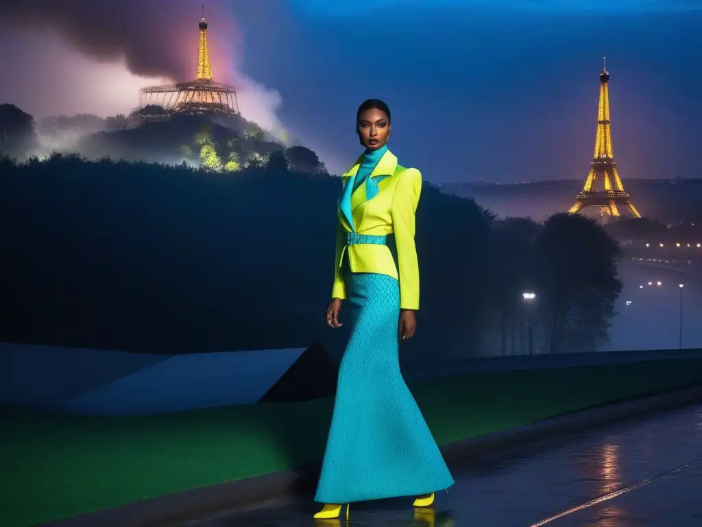 Desfile de moda retro en París: 1980s glamour bajo la Torre Eiffel Desfile de moda retro en París en los años 80 con modelos y la Torre Eiffel de fondo