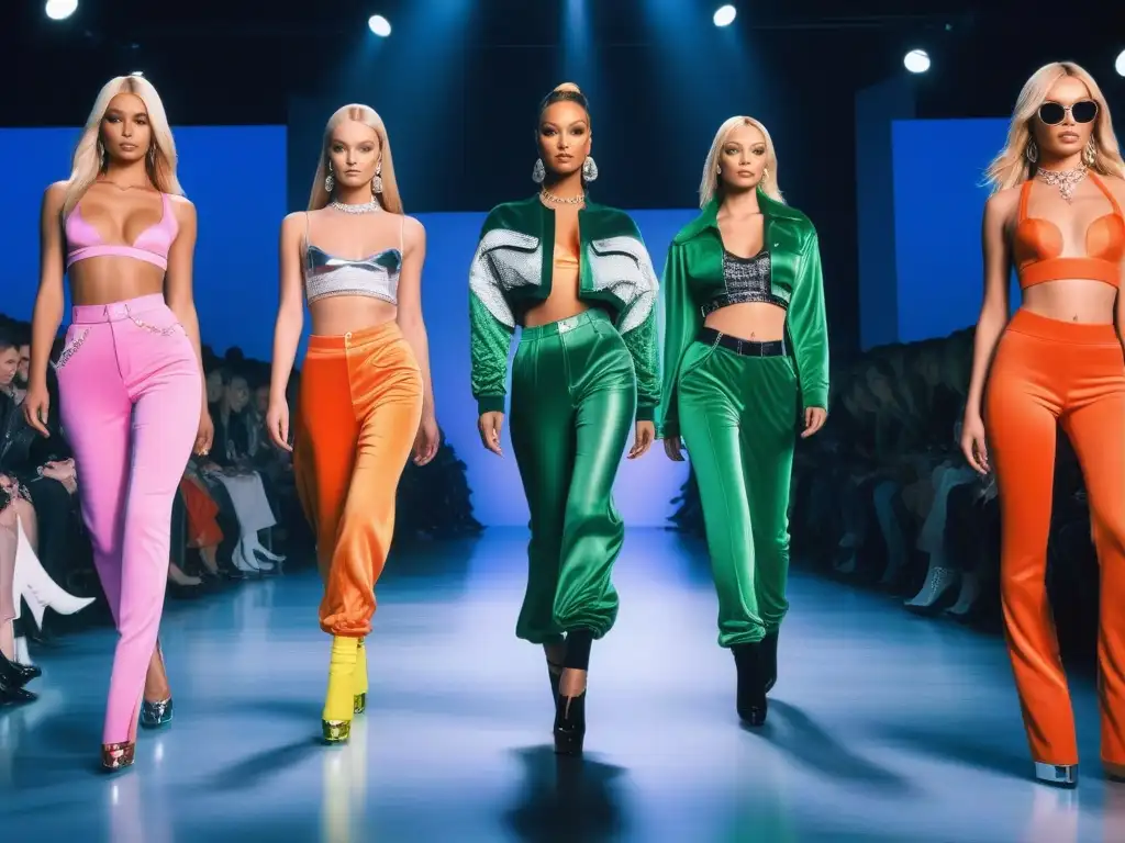 Desfile de moda Y2K: Estilo icónico de los 2000 Un desfile de moda retro de los años 2000 con tendencias icónicas como jeans de tiro bajo, crop tops y zapatillas plataformas
