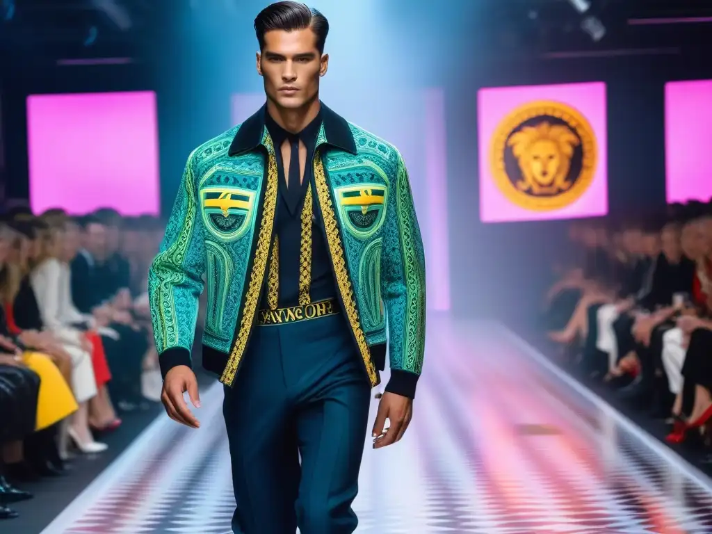 Desfile de moda retro Versace: vibrante y audaz Desfile de moda retro Versace años 90 con modelos en atuendos coloridos y llamativos, bajo luces brillantes