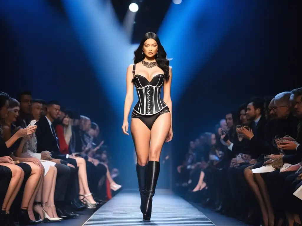 Desfile Jean Paul Gaultier: Elegancia retro y moderna Desfile de moda retro de Jean Paul Gaultier: modelos lucen con confianza los icónicos corsés con conos, admirados por entusiastas de la moda