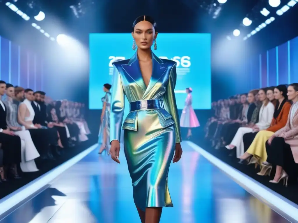 Desfile de moda digital: fusión retro futurista Un desfile de moda retro online con modelos holográficos y un público virtual variado, fusionando historia y tecnología