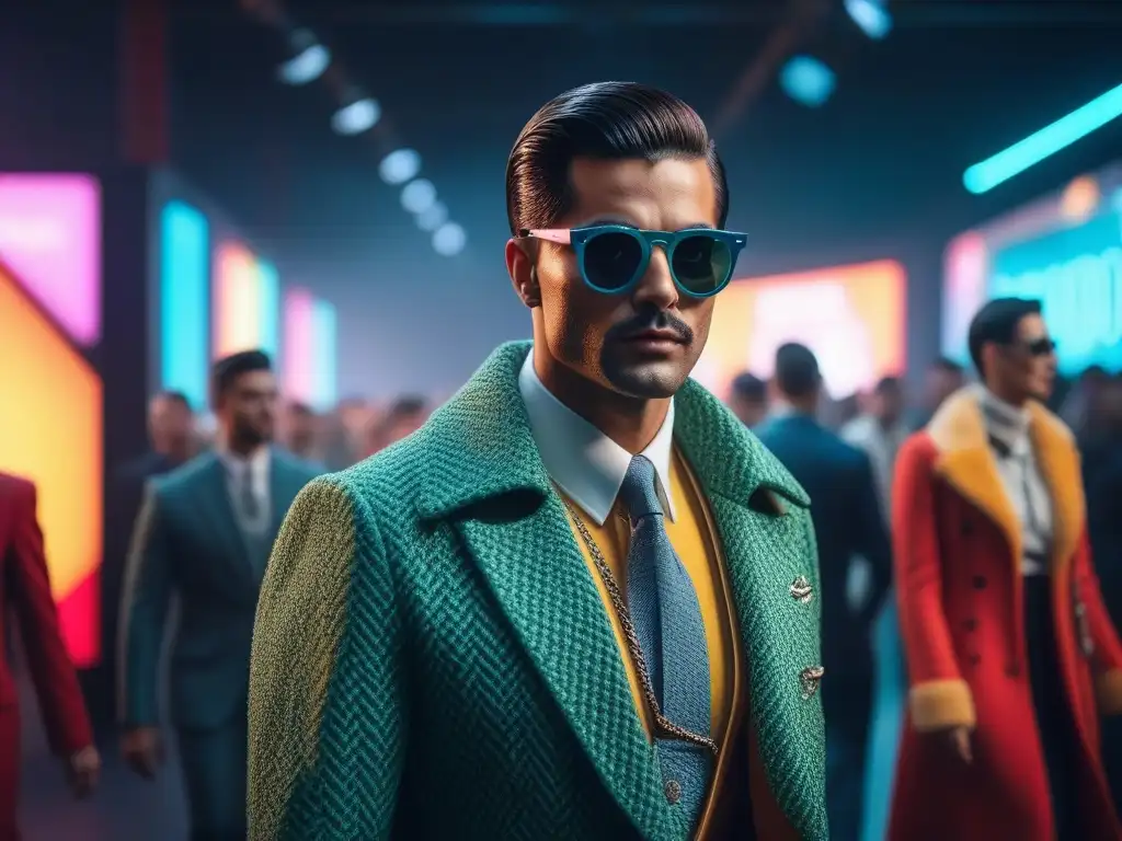 Un desfile de moda retro tendencias actuales: modelo con outfit vibrante de patrones audaces y gafas de sol retro, rodeada de admiradores