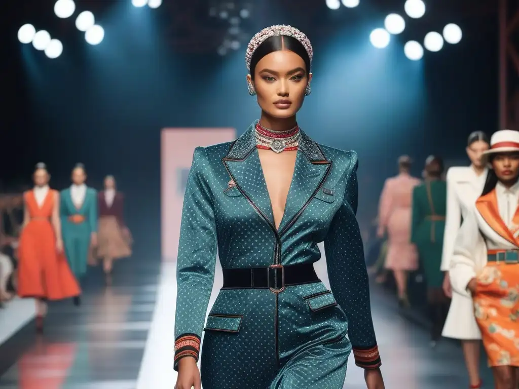 Un desfile de moda retro con tendencias actuales: modelo en pasarela fusionando estilos vintage y modernos