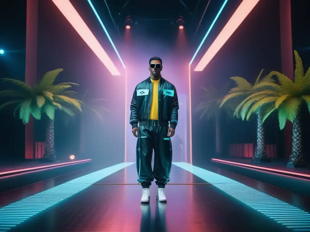 Desfile de moda retro siglo XXI virtual con luces neón y modelos holográficos en un mundo digital inspirado en los 80