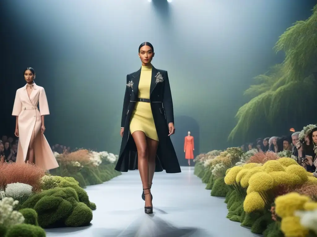 Desfile de moda sostenible postguerra: creatividad y resiliencia Desfile de moda sostenible tras guerras mundiales, con diseños innovadores y materiales ecofriendly, inspirados en épocas pasadas