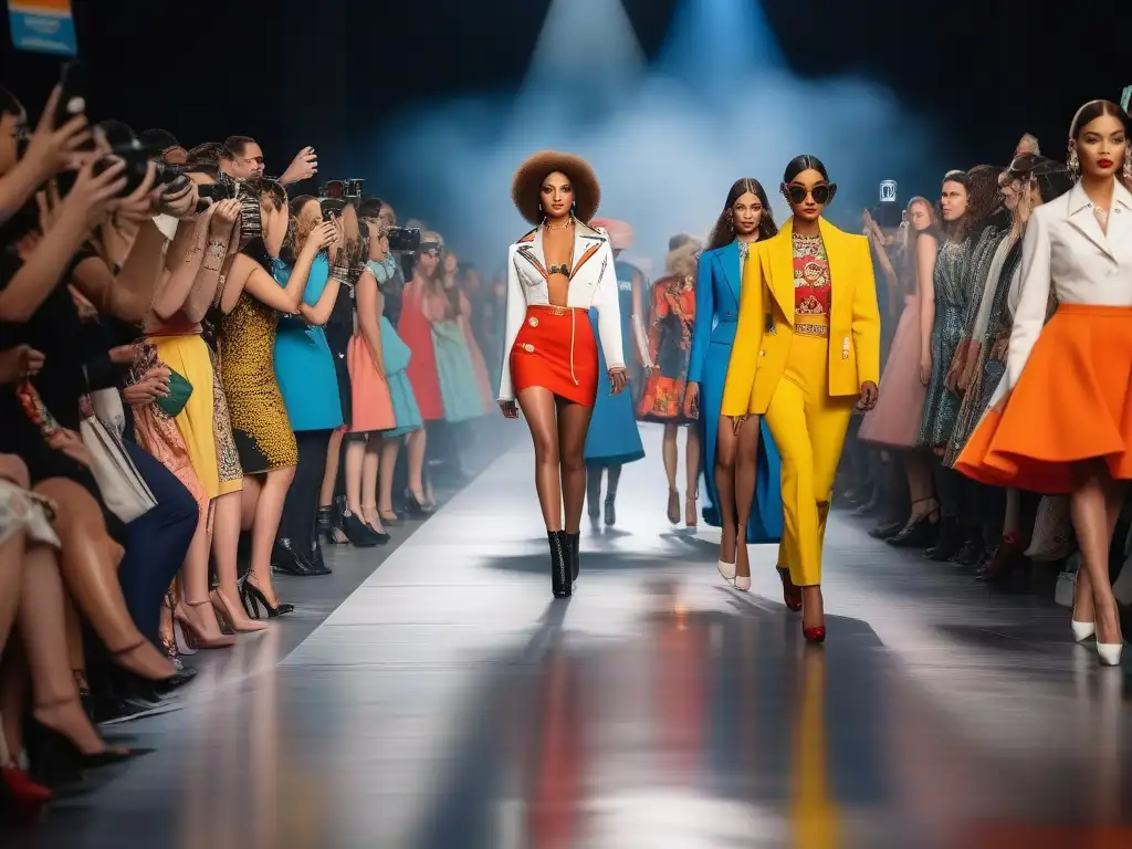 Desfile de moda retro y protesta: impacto visual y social Un desfile de moda único con atuendos de protesta en una pasarela vibrante