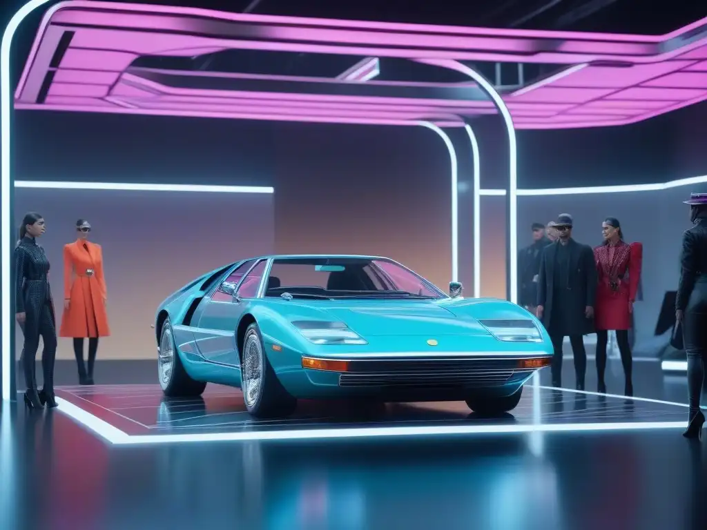 Un desfile de moda virtual futurista con moda retro siglo XXI y elementos digitales