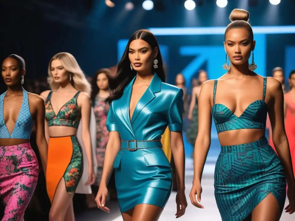 Desfile de supermodelos icónicas de los 90 en vibrante pasarela Un desfile vibrante de moda retro años 90 supermodelos desfilando con confianza en una pasarela llena de energía y color