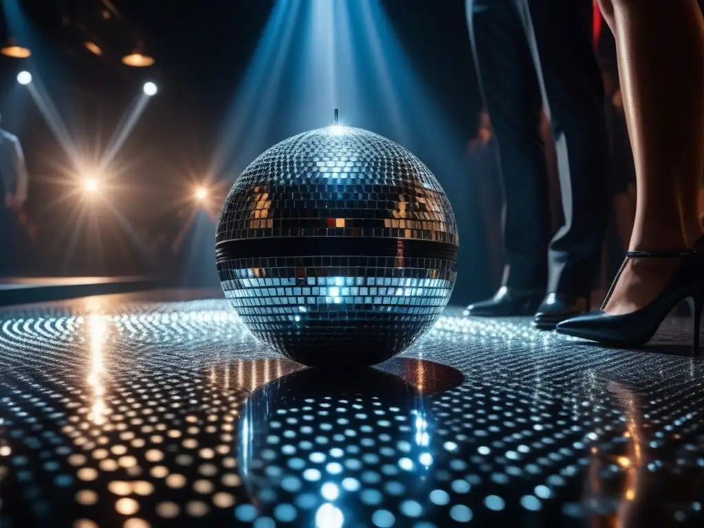 Disco ball brillante: reflejos deslumbrantes en la pista de baile Un deslumbrante baile de moda brillar en oscuridad lentejuelas, reflejando luces y sombras en la pista de baile