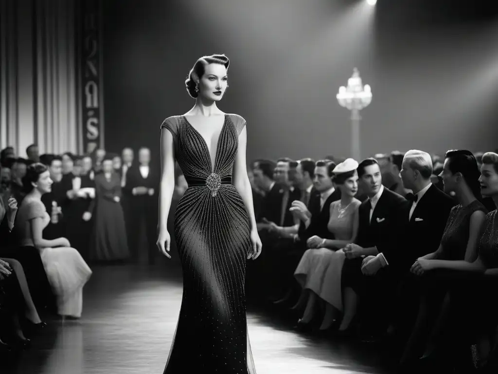 Desfile de moda glamoroso de los años 40: elegancia y lujo atemporal Deslumbrante desfile de moda de los años 40 con elegantes vestidos de noche y un ambiente de lujo y estilo
