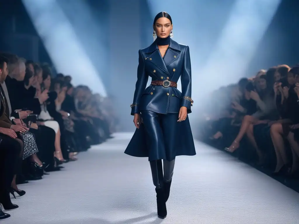 Desfile de moda Balenciaga: Elegancia y lujo en la pasarela Deslumbrante desfile de moda de los años dorados de Balenciaga con modelos elegantes y público asombrado