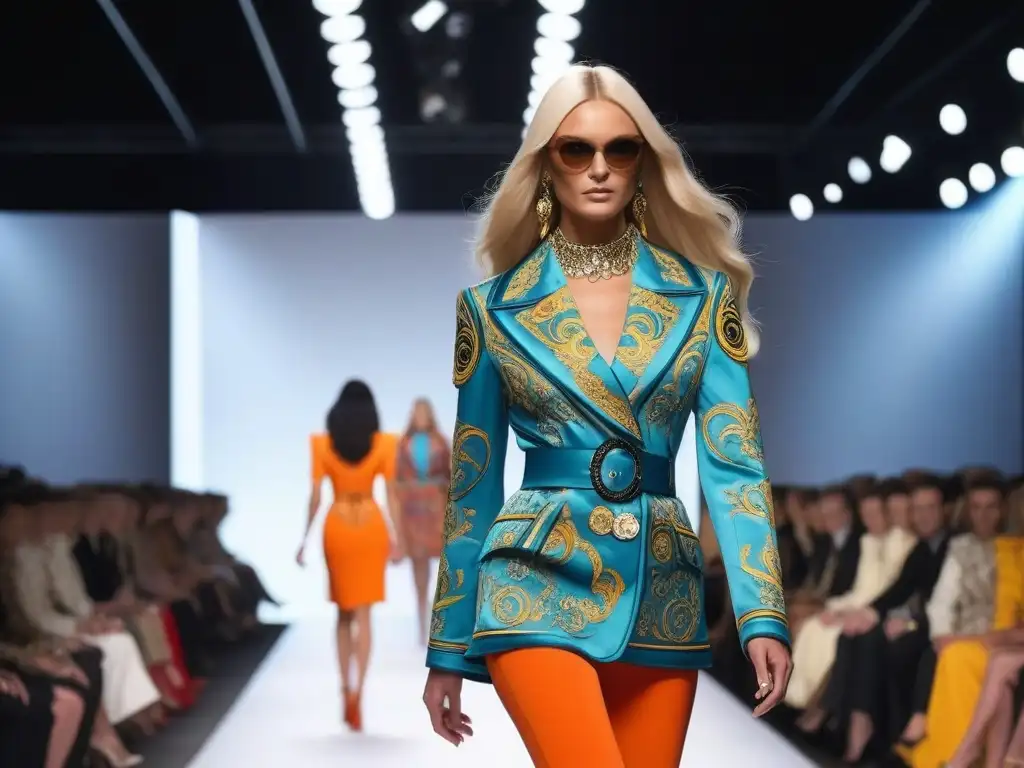 Desfile de Moda Versace de los 70: Estilo Glamoroso y Vanguardista Deslumbrante desfile de moda de los años 70 de Versace, con modelos luciendo diseños icónicos en una pasarela vibrante y lujosa