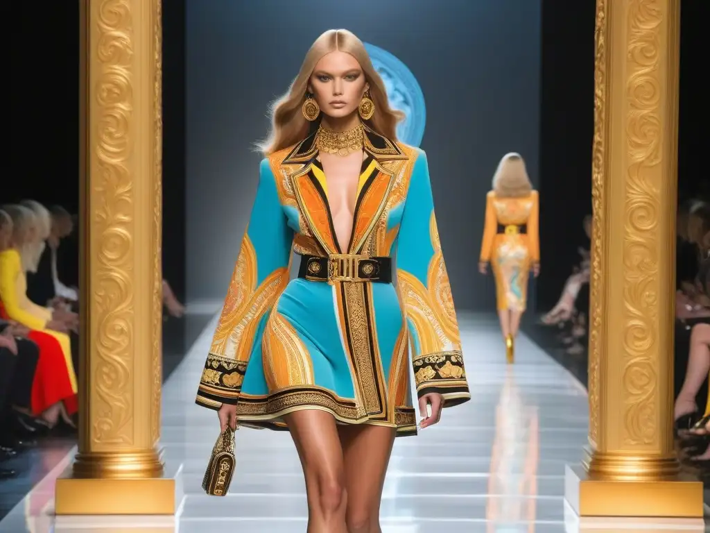 Desfile de Moda Versace: Elegancia Dorada de los 70 Deslumbrante desfile de moda Versace de los años 70: modelos seguras con atuendos icónicos, historia de la alta costura