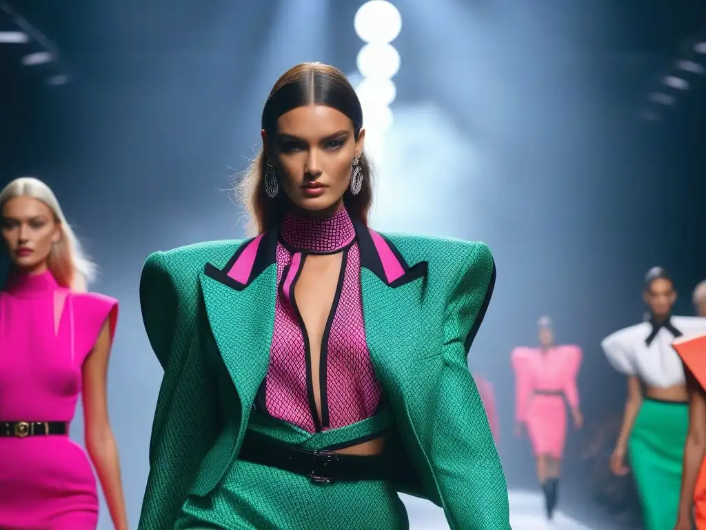 Pasarela de Moda de los 80: Estilo Exagerado y Vibrante Deslumbrante desfile de moda retro años 80 con modelos en atuendos llamativos y público colorido