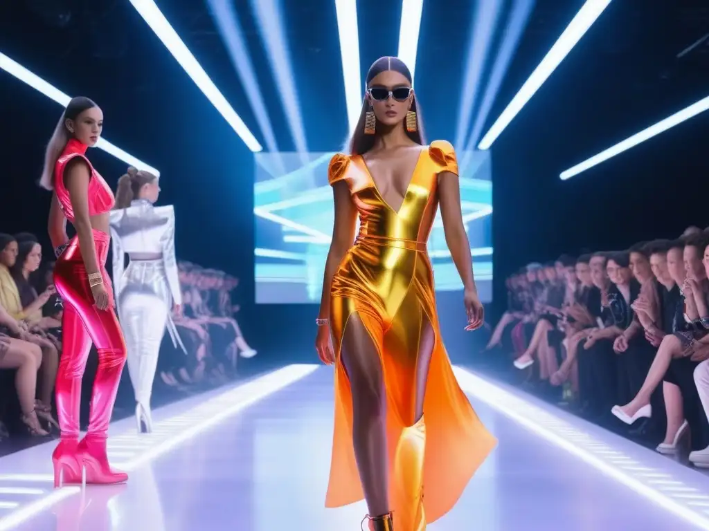 Desfile futurista de moda de los 80 con luces neón Deslumbrante desfile de moda retro años 80 influenciada con modelos y diseños futuristas bajo luces de neón