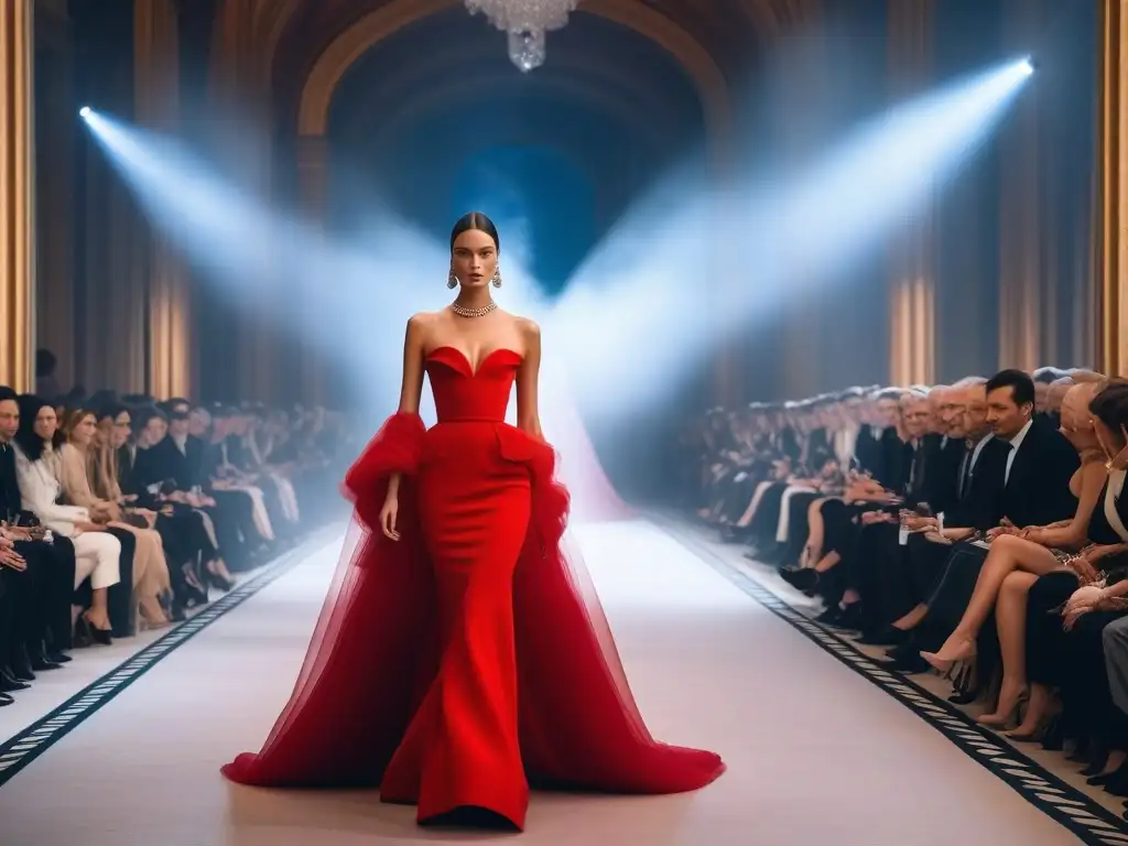 Desfile de moda glamoroso de Balenciaga en la era dorada Deslumbrante desfile de moda de la era dorada de Balenciaga, con modelos elegantes y diseño icónico, reflejando el éxito de la moda retro