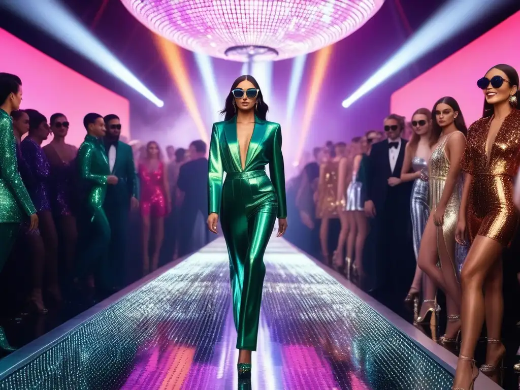 Desfile de moda disco: modelos deslumbrantes en la pasarela brillante Deslumbrante desfile de moda inspirado en la música disco en pasarelas