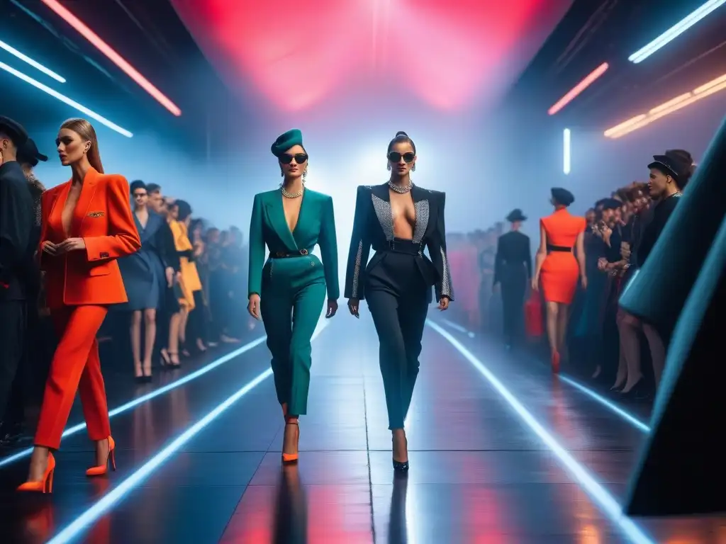 Pasarela retro de moda de los 80: vibrante y detallada Deslumbrante desfile de moda retro de los 80 con colores vibrantes y patrones, en una ciudad futurista