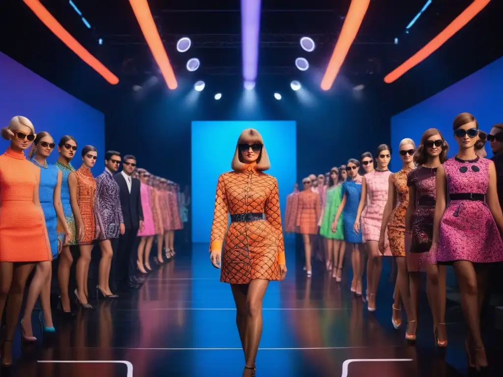 Desfile de moda retro: moda de los 60 con colores vibrantes y estilo mod Deslumbrante desfile de moda retro influenciada por cine de los años 60, con modelos luciendo patrones llamativos, vestidos mini y gafas de sol oversized en una pasarela decorada con luces de neón y estilo retro