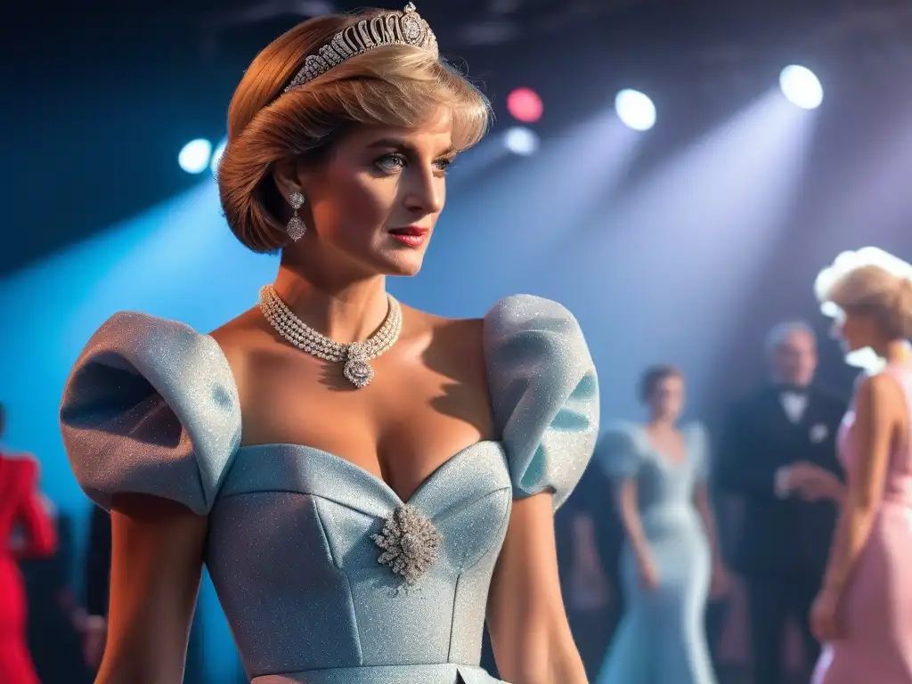 Desfile de moda retro 80s inspirado en Princess Diana Deslumbrante desfile de moda retro inspirado en la Princesa Diana de los años 80, con modelos elegantes y sofisticados en una pasarela iluminada