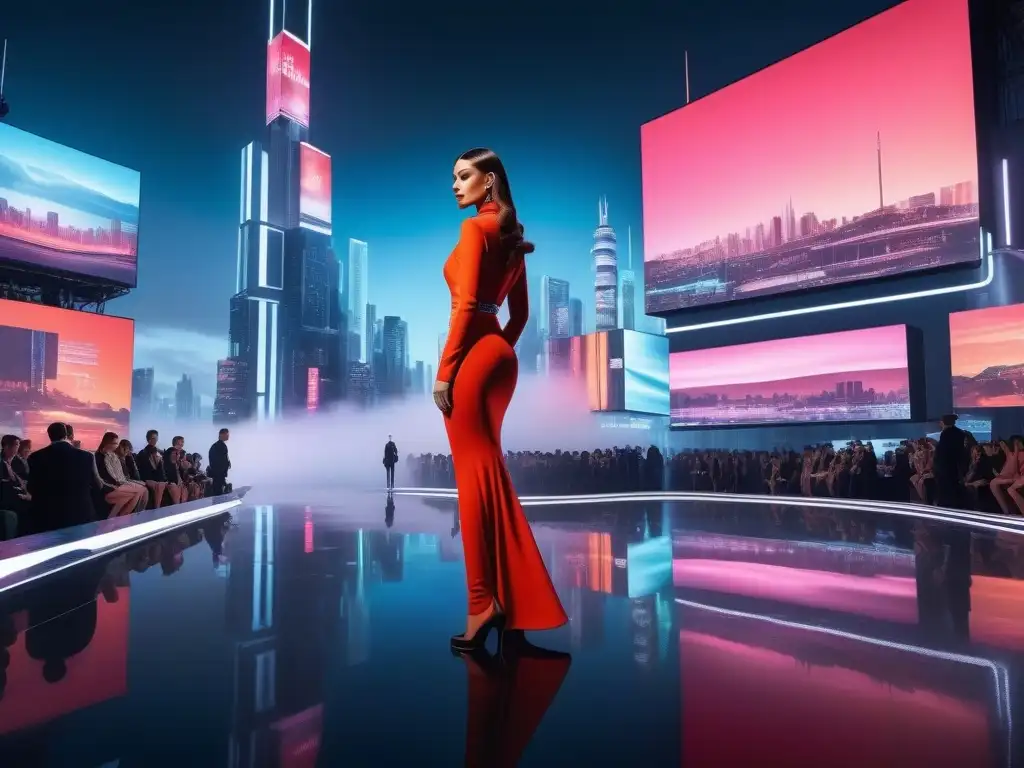 Un deslumbrante desfile de moda retro siglo XXI virtual en una metrópolis futurista con modelos holográficos y prendas digitales de vanguardia