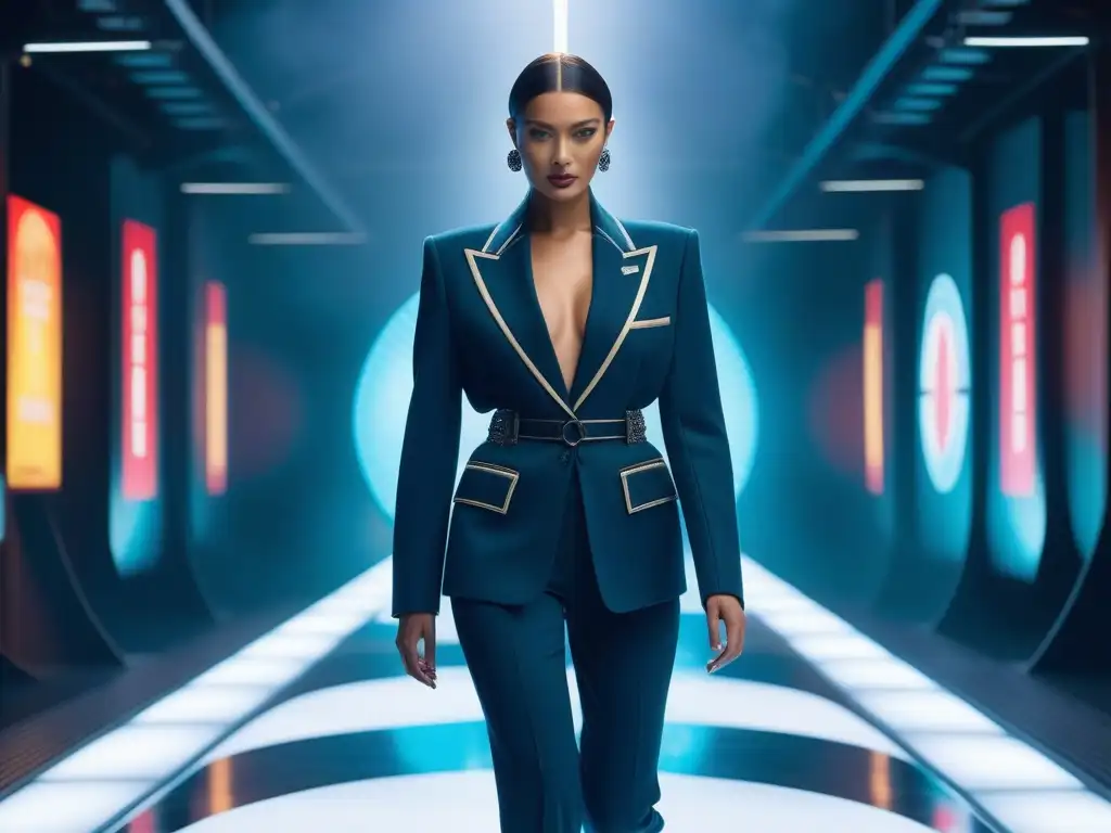 Deslumbrante desfile de moda retro siglo XXI virtual con modelos y hologramas en pasarela neon