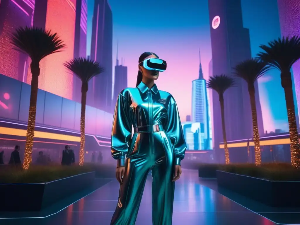 Deslumbrante desfile de moda retro siglo XXI virtual en ciudad digital neón