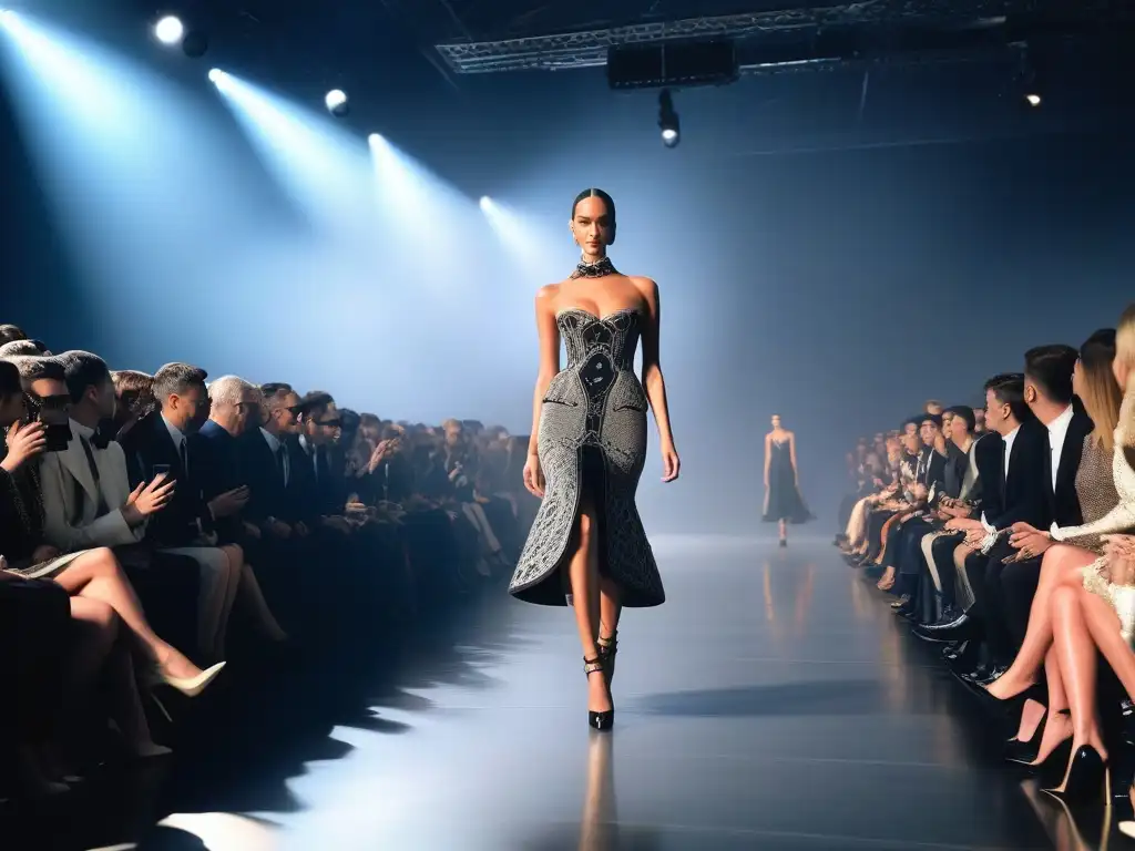 Deslumbrante desfile de moda retro siglo XX de Alexander McQueen con diseño vanguardista en pasarela iluminada