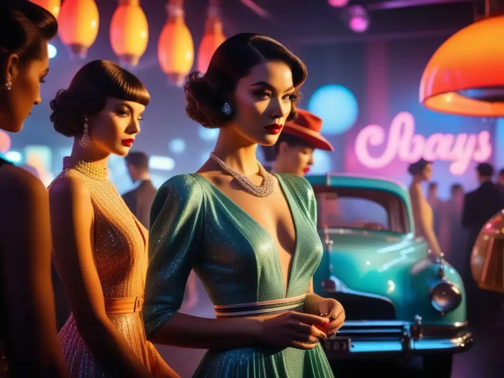 Desfile de moda retro: un viaje vibrante por el siglo XX Deslumbrante desfile retro con influencia moda retro siglo XX: modelos en atuendos icónicos de los años 20 a los 90, luces neón y ciudad animada