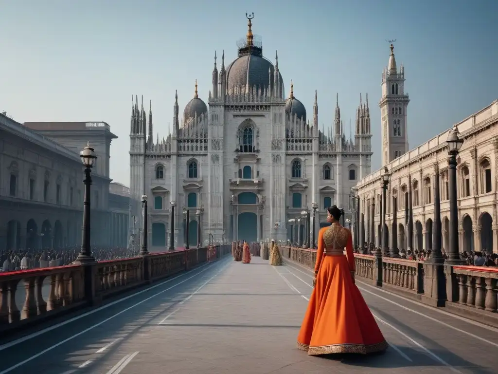 Deslumbrante fusión de moda retro Milán Mumbai estilo en desfile de moda con modelos y paisajes icónicos de ambas ciudades